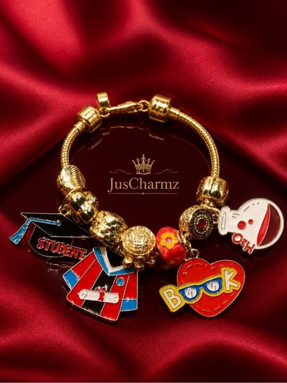 Gold Student Charm Bracelet with Red & Blue Accents